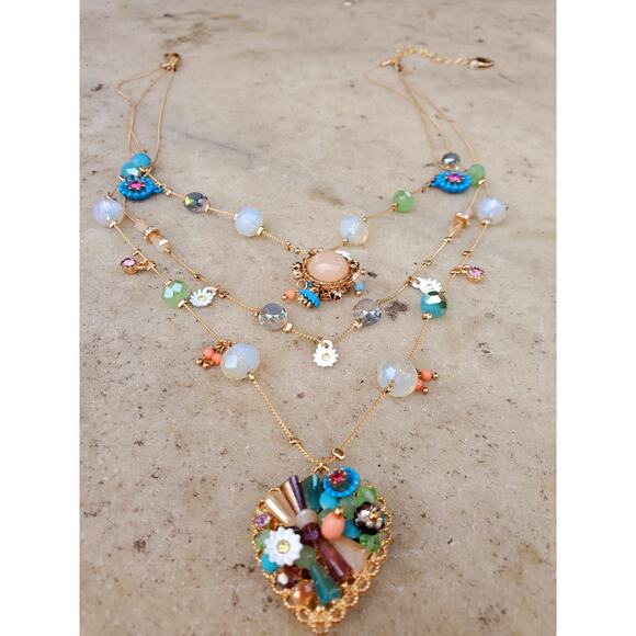 Betsey Johnson Layered Necklace Woven Heart Charm Gold Tone Boho Fashion Signed - Picture 3 of 4